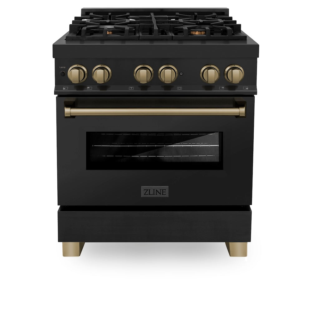 ZLINE 30 in. Autograph Edition Kitchen Package with Black Stainless Steel Dual Fuel Range, Range Hood, Dishwasher and Refrigeration with Champagne Bronze Accents (4AKPR-RABRHDWV30-CB)