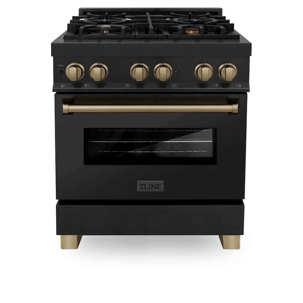 ZLINE Autograph Edition 30 in. 4.0 cu. ft. Legacy Dual Fuel Range with 4 Burner Gas Cooktop and Electric Convection Oven in Black Stainless Steel and Champagne Bronze Accents, Open Box-Good Condition