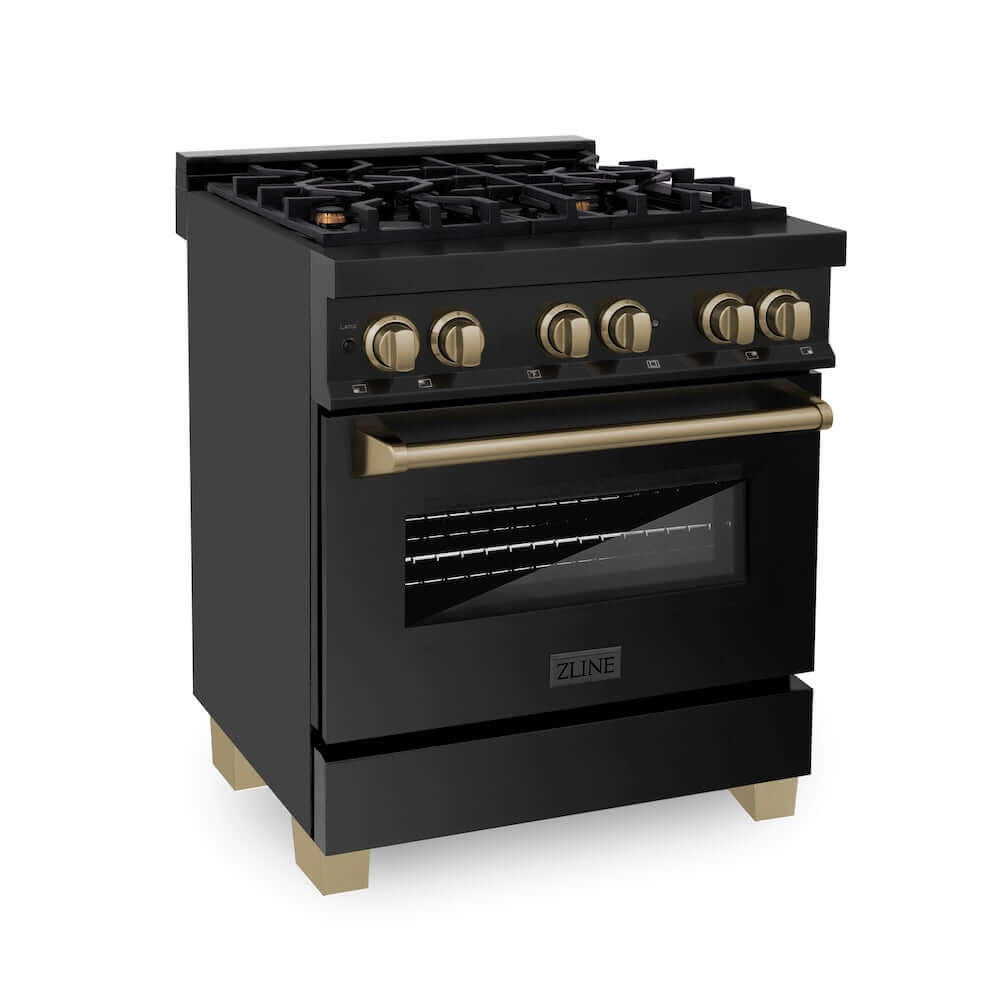 ZLINE Autograph Edition 30 in. 4.0 cu. ft. Legacy Dual Fuel Range with 4 Burner Gas Cooktop and Electric Convection Oven in Black Stainless Steel and Champagne Bronze Accents, Open Box-Good Condition