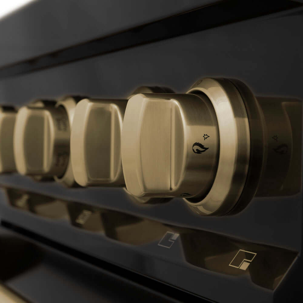 ZLINE Autograph Edition Champagne Bronze oven and cooktop knobs on a black stainless steel range.