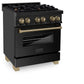 ZLINE Autograph Edition 30 in. 4.0 cu. ft. Legacy Dual Fuel Range with 4 Burner Gas Cooktop and Electric Convection Oven in Black Stainless Steel and Champagne Bronze Accents (RABZ-30-CB) side, oven closed.