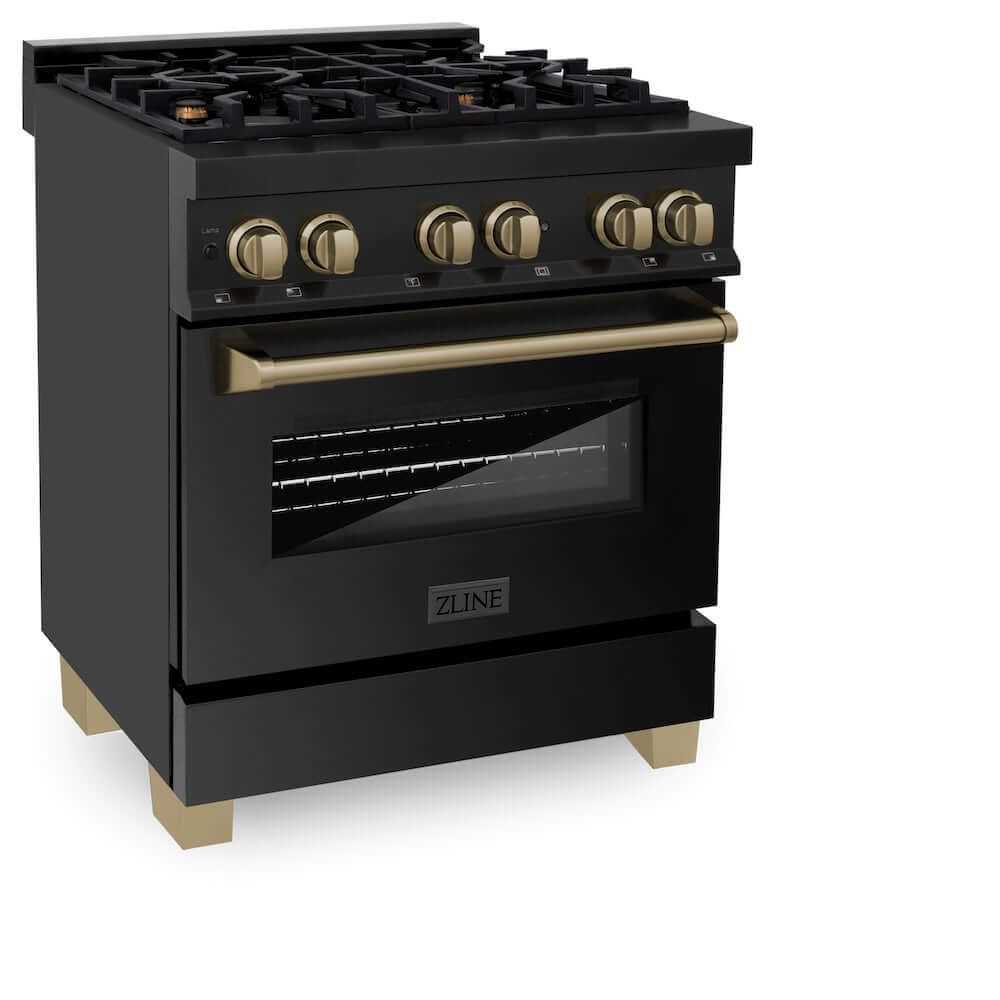 ZLINE Autograph Edition 30 in. 4.0 cu. ft. Legacy Dual Fuel Range with 4 Burner Gas Cooktop and Electric Convection Oven in Black Stainless Steel and Champagne Bronze Accents (RABZ-30-CB) side, oven closed.