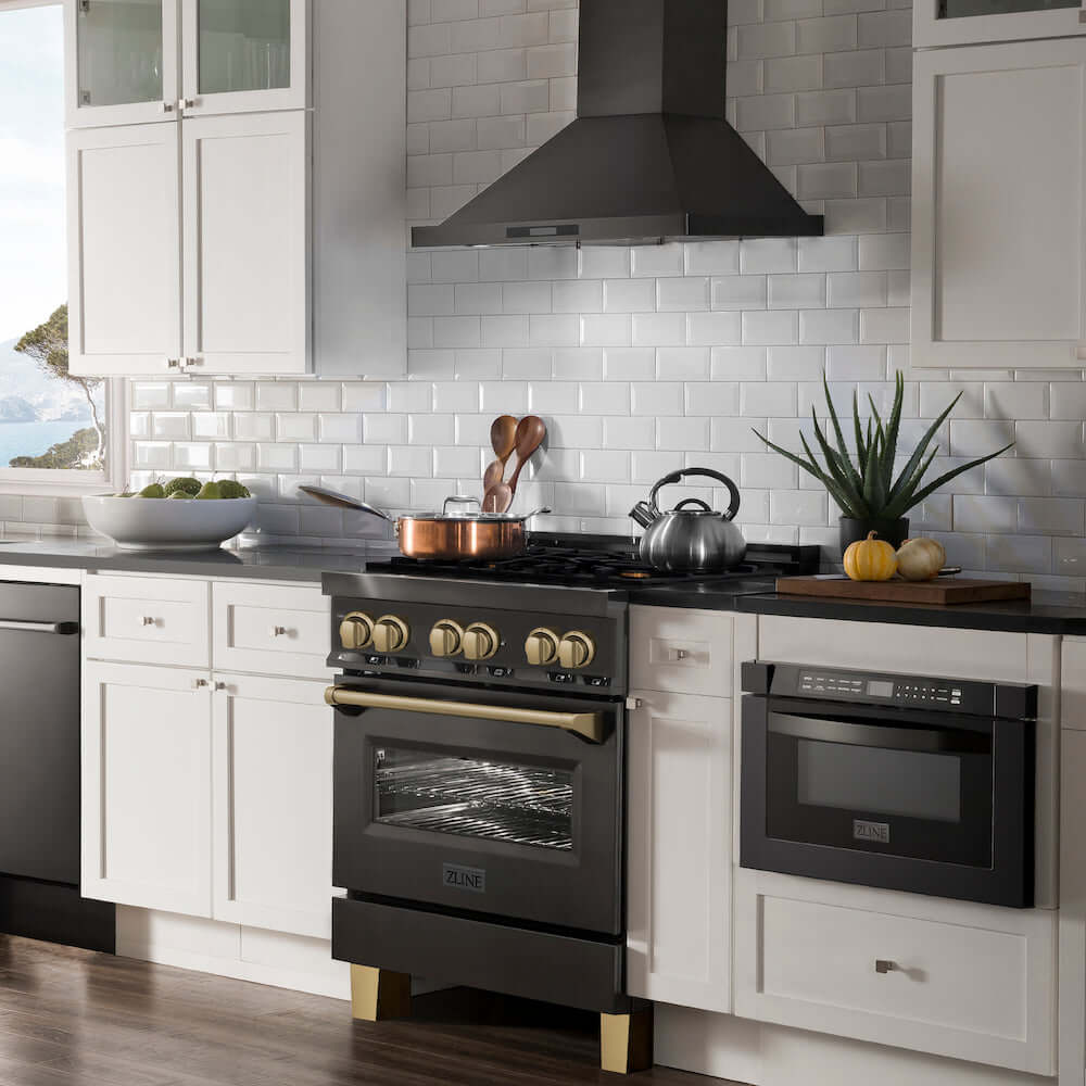 ZLINE Autograph Edition 30 in. 4.0 cu. ft. Legacy Dual Fuel Range with 4 Burner Gas Cooktop and Electric Convection Oven in Black Stainless Steel and Champagne Bronze Accents (RABZ-30-CB) in a luxury kitchen.