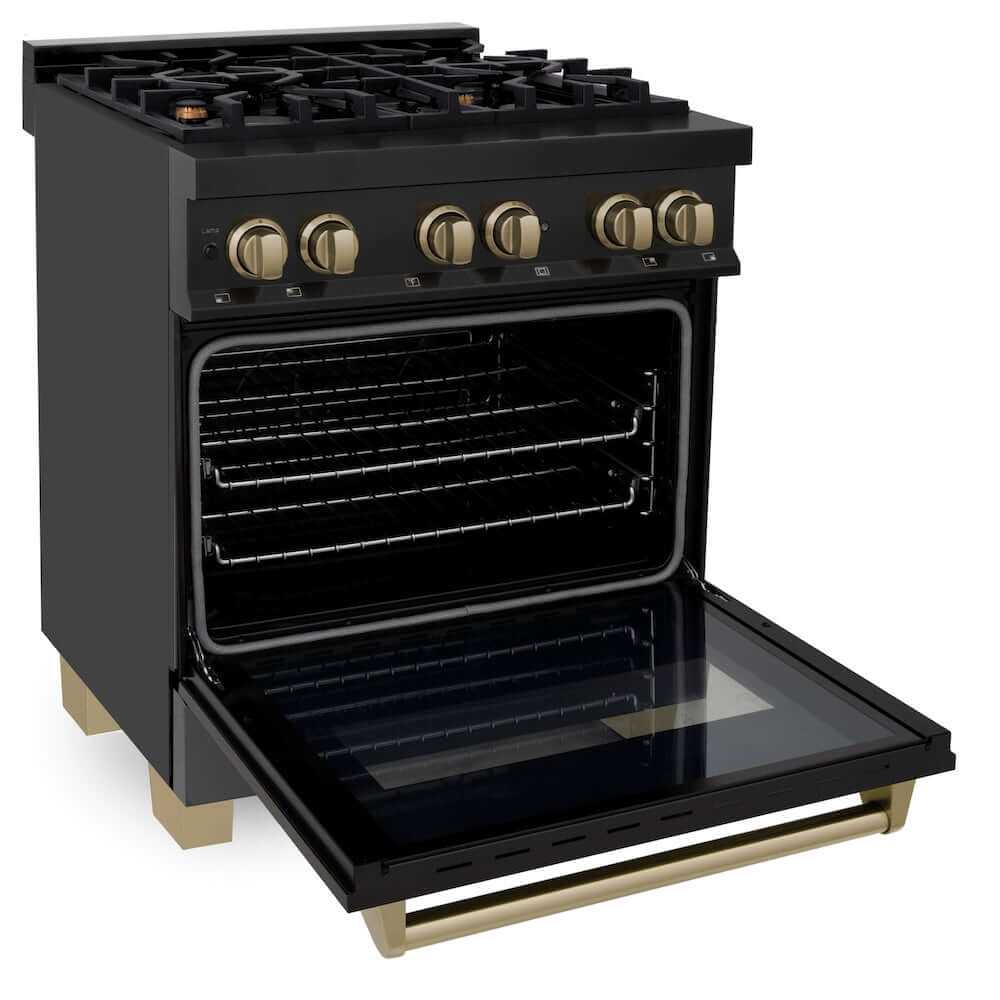 ZLINE Autograph Edition 30 in. 4.0 cu. ft. Dual Fuel Range with Gas Stove and Electric Oven in Black Stainless Steel with Champagne Bronze Accents (RABZ-30-CB) side, oven open.