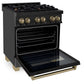 ZLINE Autograph Edition 30 in. 4.0 cu. ft. Legacy Dual Fuel Range with 4 Burner Gas Cooktop and Electric Convection Oven in Black Stainless Steel and Champagne Bronze Accents (RABZ-30-CB) side, oven open.
