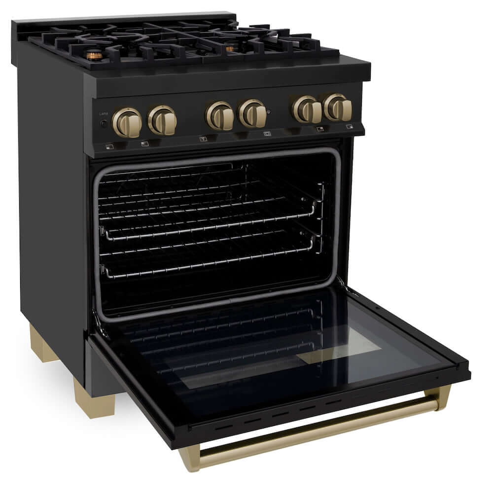 ZLINE Autograph Edition 30 in. 4.0 cu. ft. Legacy Dual Fuel Range with 4 Burner Gas Cooktop and Electric Convection Oven in Black Stainless Steel and Champagne Bronze Accents (RABZ-30-CB) side, oven open.