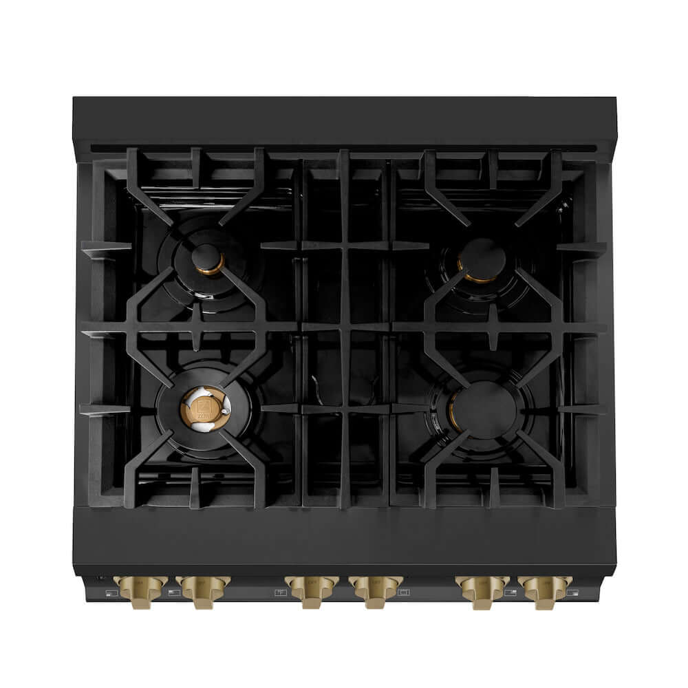 ZLINE Autograph Edition 30 in. 4.0 cu. ft. Legacy Dual Fuel Range with 4 Burner Gas Cooktop and Electric Convection Oven in Black Stainless Steel and Champagne Bronze Accents (RABZ-30-CB) top-down, above cooktop.