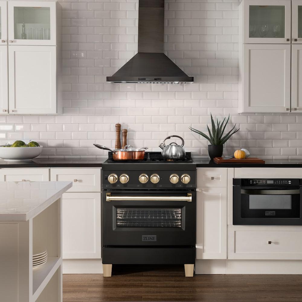 ZLINE Autograph Edition 30 in. 4.0 cu. ft. Legacy Dual Fuel Range with 4 Burner Gas Cooktop and Electric Convection Oven in Black Stainless Steel and Polished Gold Accents (RABZ-30-G) in a luxury kitchen.