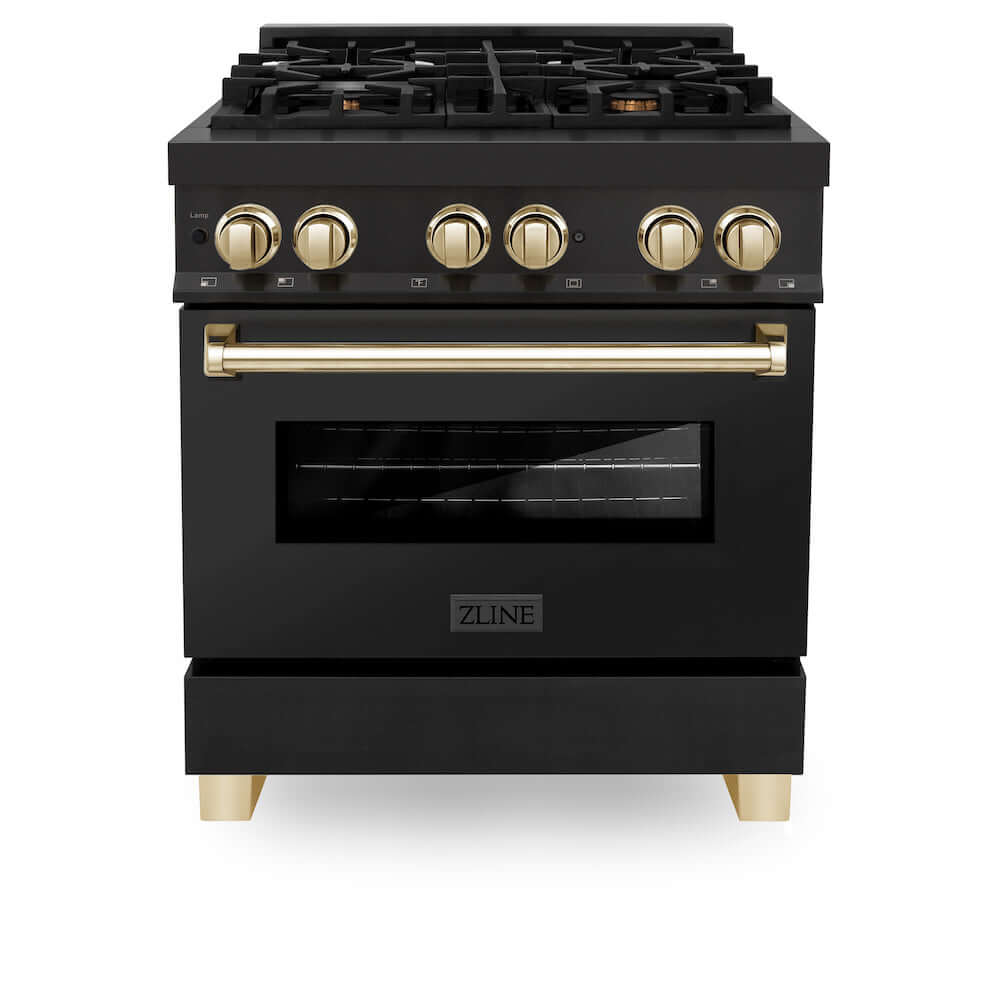 ZLINE Autograph Edition 30 in. 4.0 cu. ft. Dual Fuel Range with Gas Stove and Electric Oven in Black Stainless Steel with Polished Gold Accents (RABZ-30-G) front, oven closed.