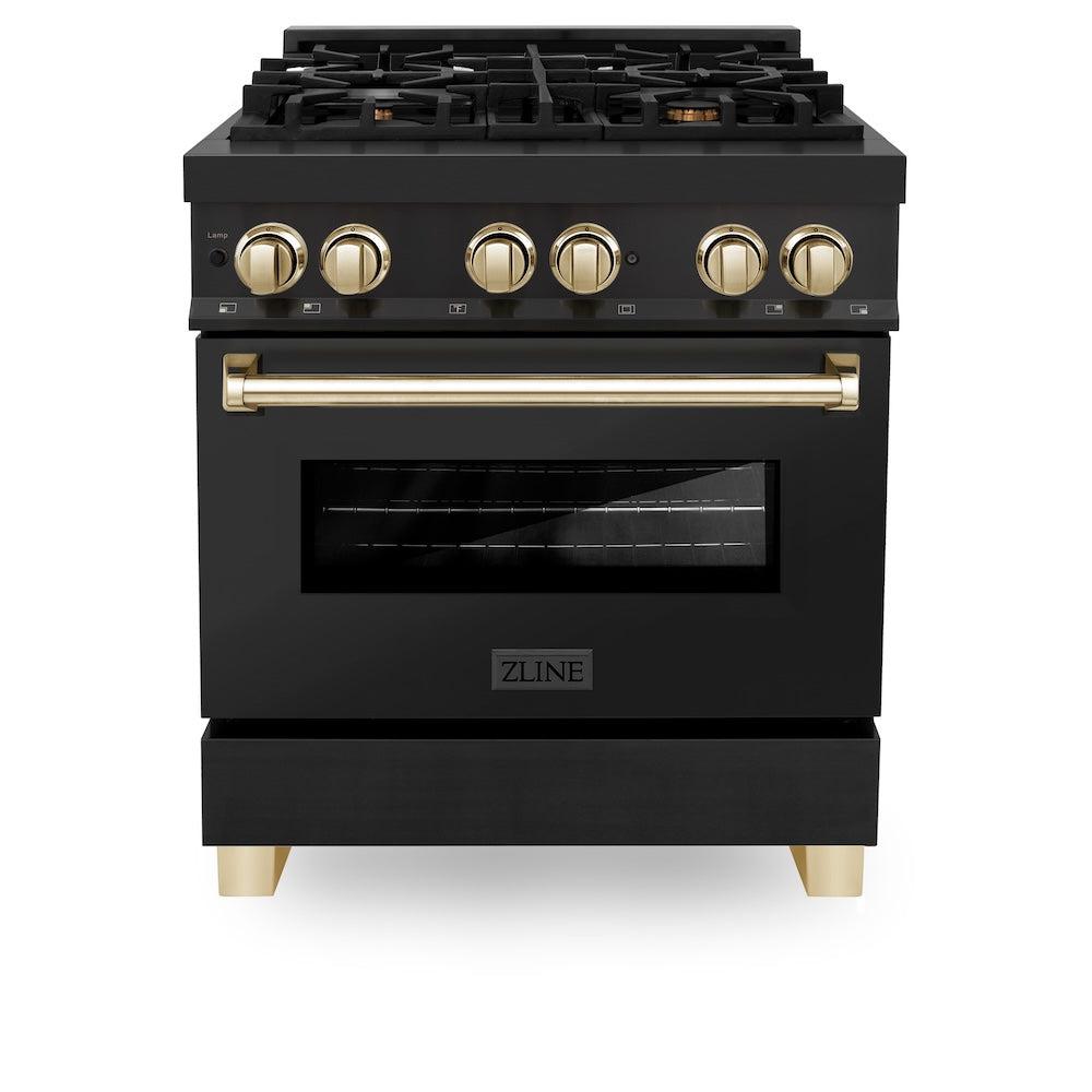 ZLINE Autograph Edition 30 in. 4.0 cu. ft. Legacy Dual Fuel Range with 4 Burner Gas Cooktop and Electric Convection Oven in Black Stainless Steel and Polished Gold Accents (RABZ-30-G) front, oven closed.