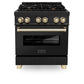 ZLINE Autograph Edition 30 in. 4.0 cu. ft. Legacy Dual Fuel Range with 4 Burner Gas Cooktop and Electric Convection Oven in Black Stainless Steel and Polished Gold Accents (RABZ-30-G) front, oven closed.