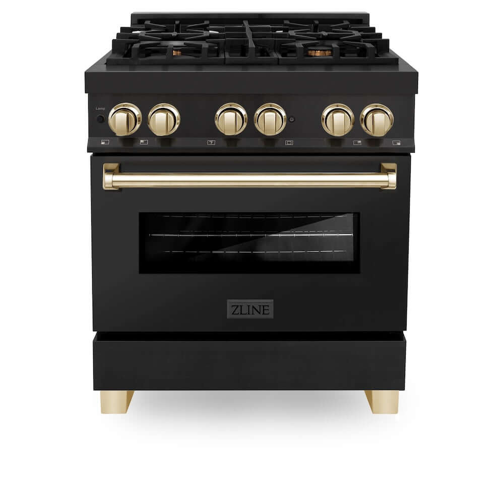 ZLINE Autograph Edition 30 in. 4.0 cu. ft. Legacy Dual Fuel Range with 4 Burner Gas Cooktop and Electric Convection Oven in Black Stainless Steel and Polished Gold Accents, Open Box-Good Condition