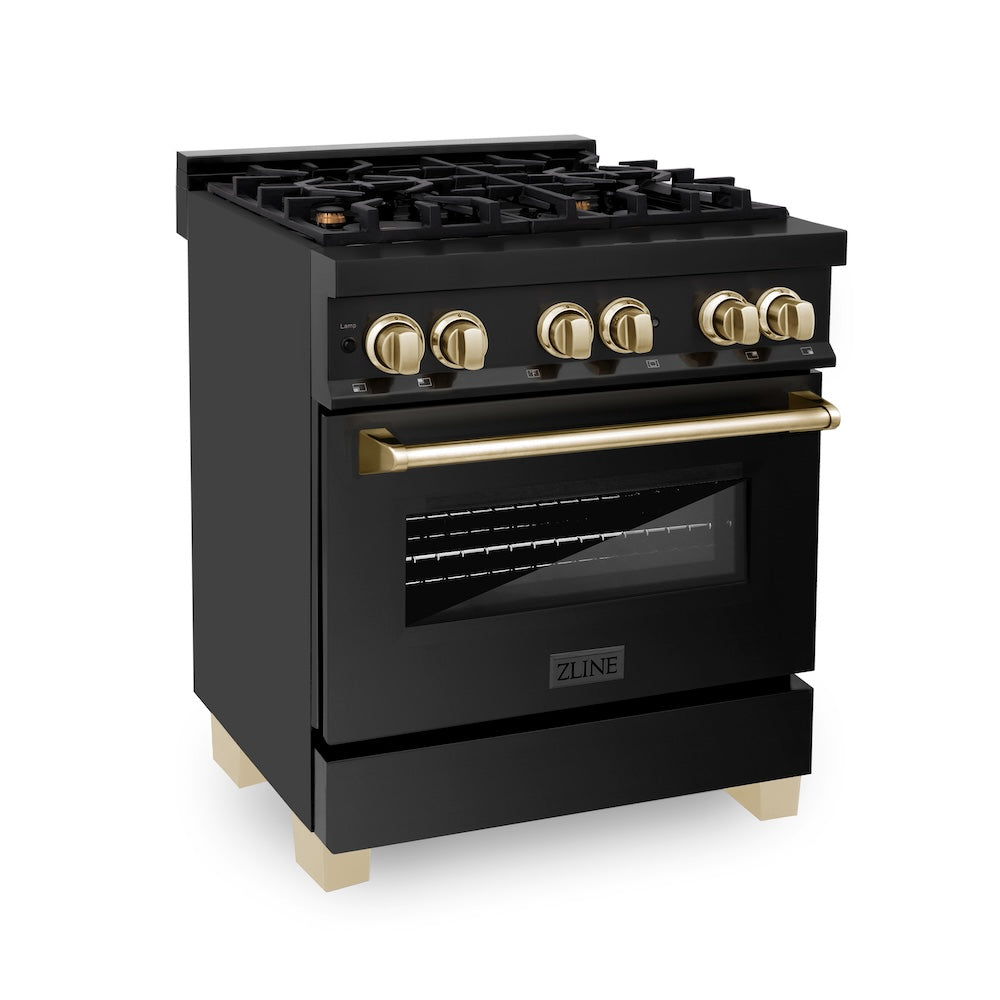 ZLINE Autograph Edition 30 in. Kitchen Package with Black Stainless Steel Dual Fuel Range and Range Hood with Polished Gold Accents (2AKP-RABRH30-G)