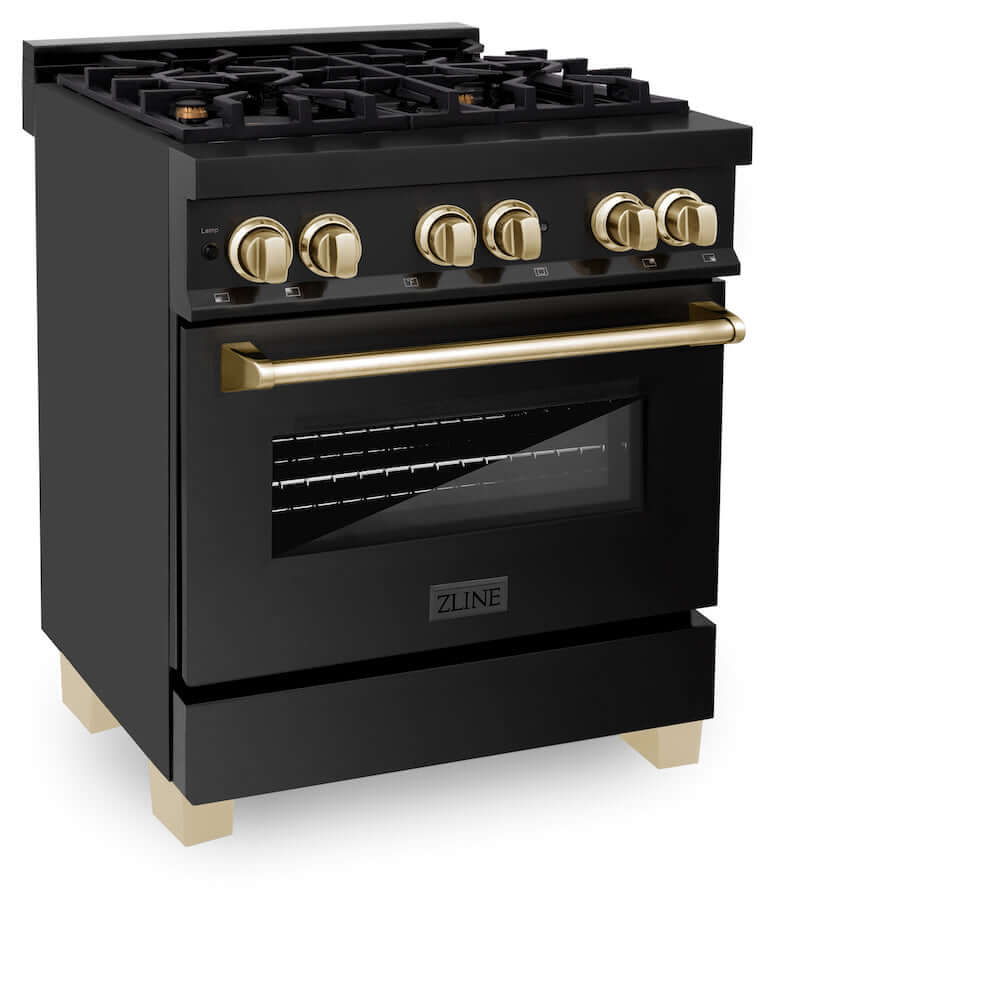 ZLINE Autograph Edition 30 in. 4.0 cu. ft. Dual Fuel Range with Gas Stove and Electric Oven in Black Stainless Steel with Polished Gold Accents (RABZ-30-G) side, oven closed.