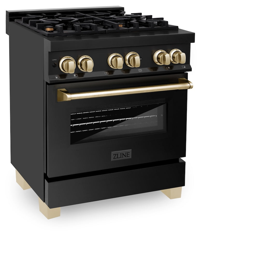 ZLINE Autograph Edition 30 in. Kitchen Package with Black Stainless Steel Dual Fuel Range, Range Hood and Dishwasher with Polished Gold Accents (3AKP-RABRHDWV30-G)