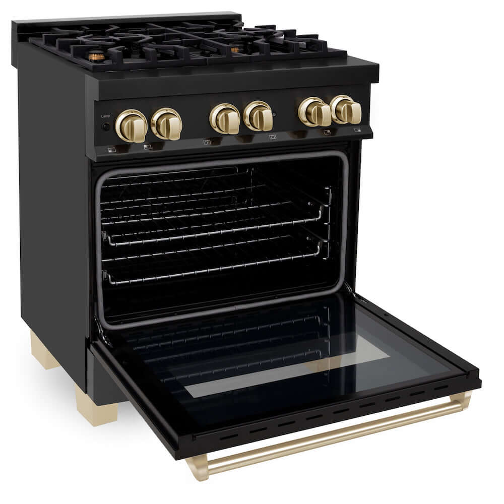 ZLINE Autograph Edition 30 in. 4.0 cu. ft. Dual Fuel Range with Gas Stove and Electric Oven in Black Stainless Steel with Polished Gold Accents (RABZ-30-G) side, oven open.