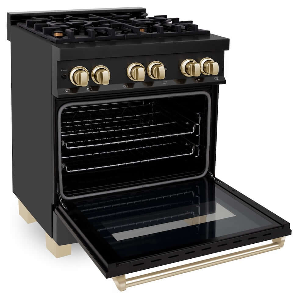 ZLINE Autograph Edition 30 in. 4.0 cu. ft. Legacy Dual Fuel Range with 4 Burner Gas Cooktop and Electric Convection Oven in Black Stainless Steel and Polished Gold Accents, Open Box-Good Condition