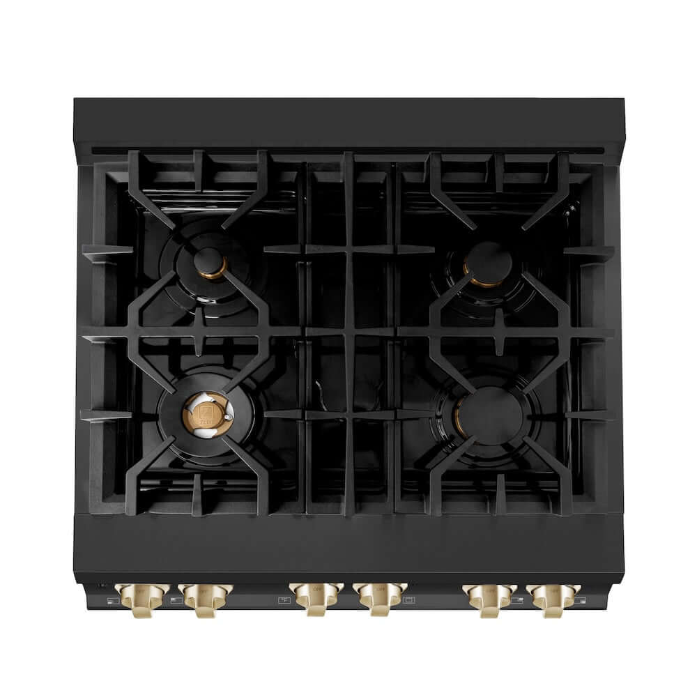 ZLINE Autograph Edition 30 in. 4.0 cu. ft. Legacy Dual Fuel Range with 4 Burner Gas Cooktop and Electric Convection Oven in Black Stainless Steel and Polished Gold Accents, Open Box-Good Condition
