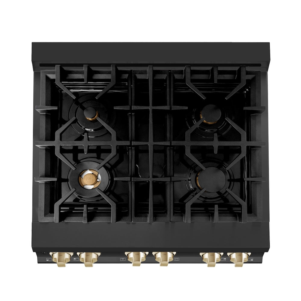 ZLINE Autograph Edition 30 in. 4.0 cu. ft. Legacy Dual Fuel Range with 4 Burner Gas Cooktop and Electric Convection Oven in Black Stainless Steel and Polished Gold Accents (RABZ-30-G) top-down, above cooktop.