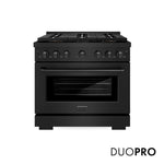 ZLINE 36 in. 5.2 cu. ft. Paramount Dual Fuel Range with 6 Burner DuoPro™ Cooktop and Electric Convection Oven in Black Stainless Steel (PSDRB-36) front, with DuoPro™ logo.