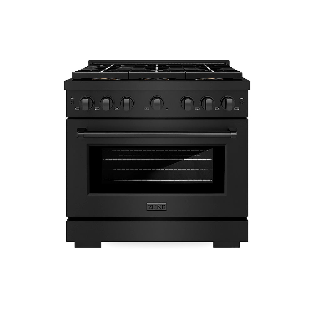ZLINE 36 in. 5.2 cu. ft. Paramount Dual Fuel Range with 6 Burner DuoPro™ Cooktop and Electric Convection Oven in Black Stainless Steel (PSDRB-36) front.