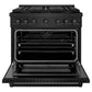 ZLINE 36 in. 5.2 cu. ft. Paramount Dual Fuel Range with 6 Burner DuoPro™ Cooktop and Electric Convection Oven in Black Stainless Steel (PSDRB-36) front, oven open.