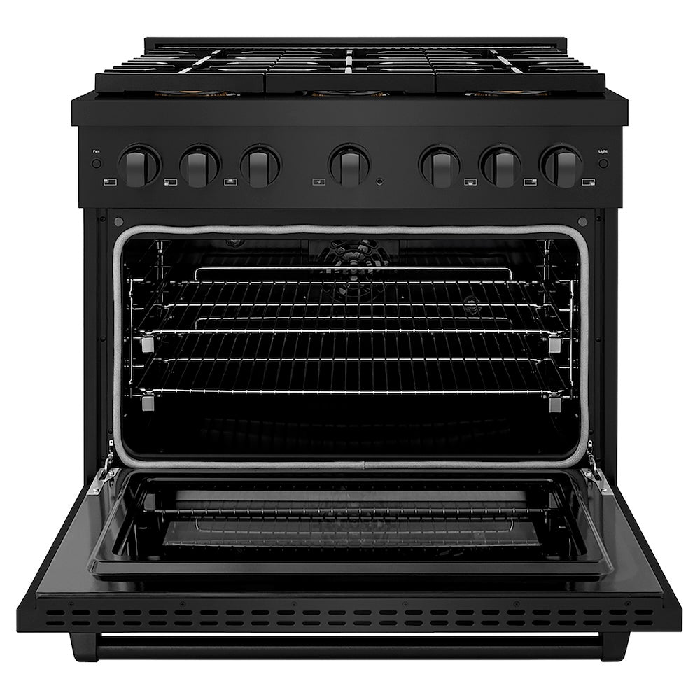 ZLINE 36 in. 5.2 cu. ft. Paramount Dual Fuel Range with 6 Burner DuoPro™ Cooktop and Electric Convection Oven in Black Stainless Steel (PSDRB-36) front, oven open.