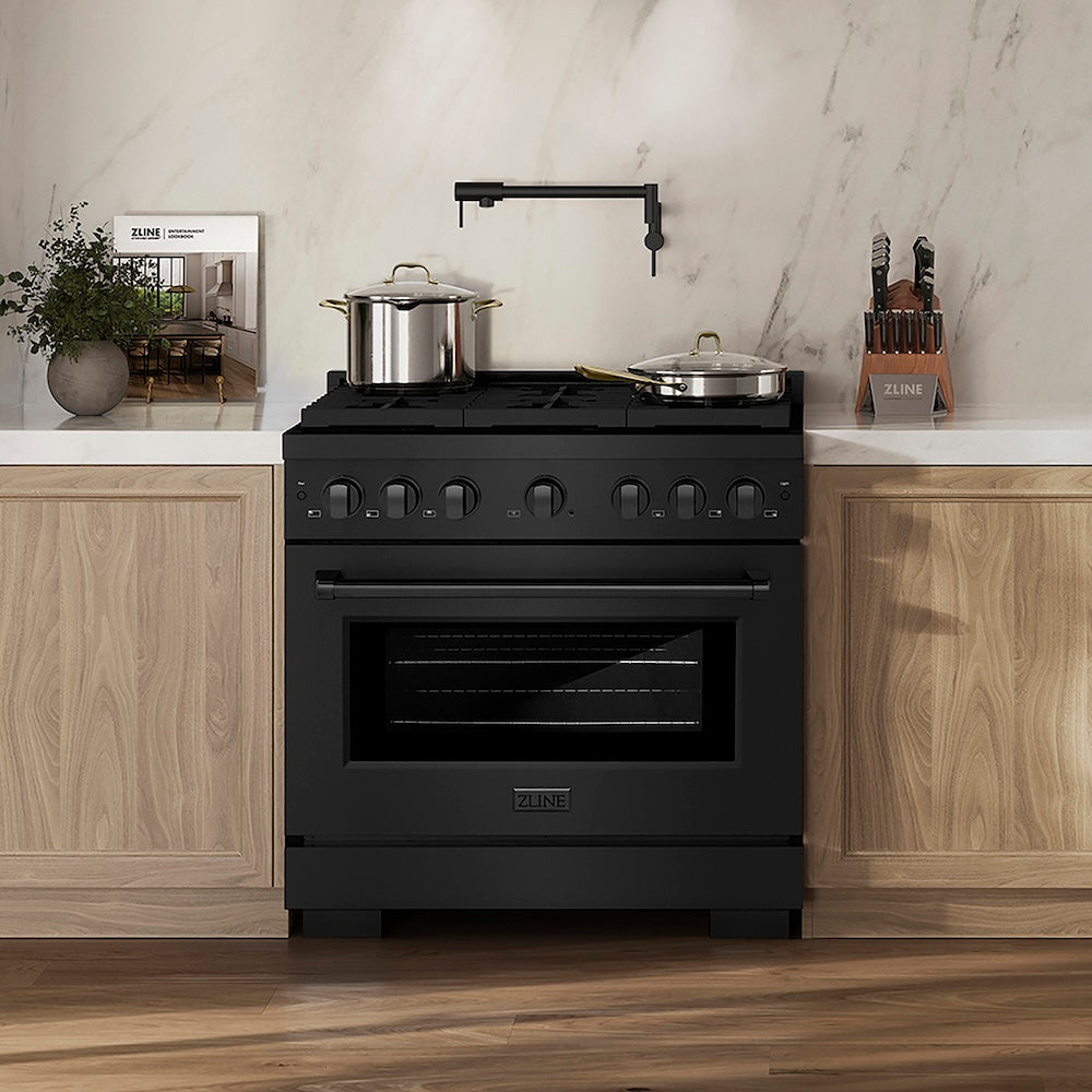 ZLINE 36 in. 5.2 cu. ft. Paramount Dual Fuel Range with 6 Burner DuoPro™ Cooktop and Electric Convection Oven in Black Stainless Steel, Open Box-Good Condition