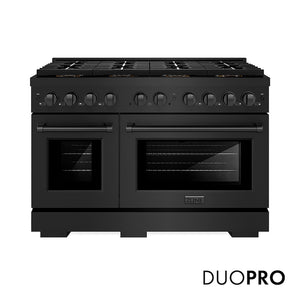 ZLINE 48 in. 6.7 cu. ft. Paramount Dual Fuel Range with 8 Burner DuoPro™ Cooktop and Dual Ovens in Black Stainless Steel (PSDRB-48) main image.