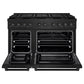 ZLINE 48 in. 6.7 cu. ft. Paramount Dual Fuel Range with 8 Burner DuoPro™ Cooktop and Dual Ovens in Black Stainless Steel (PSDRB-48) front, oven open.