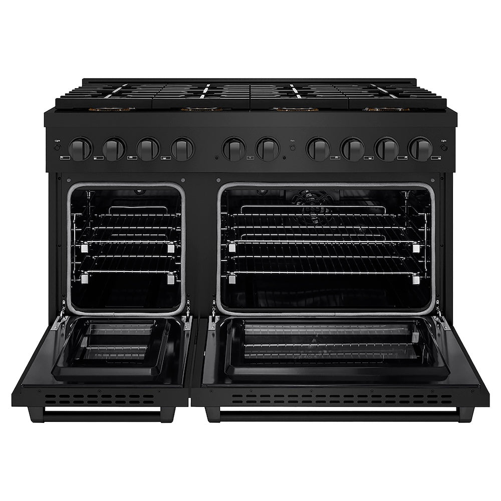 ZLINE 48 in. 6.7 cu. ft. Paramount Dual Fuel Range with 8 Burner DuoPro™ Cooktop and Dual Ovens in Black Stainless Steel (PSDRB-48) front, oven open.