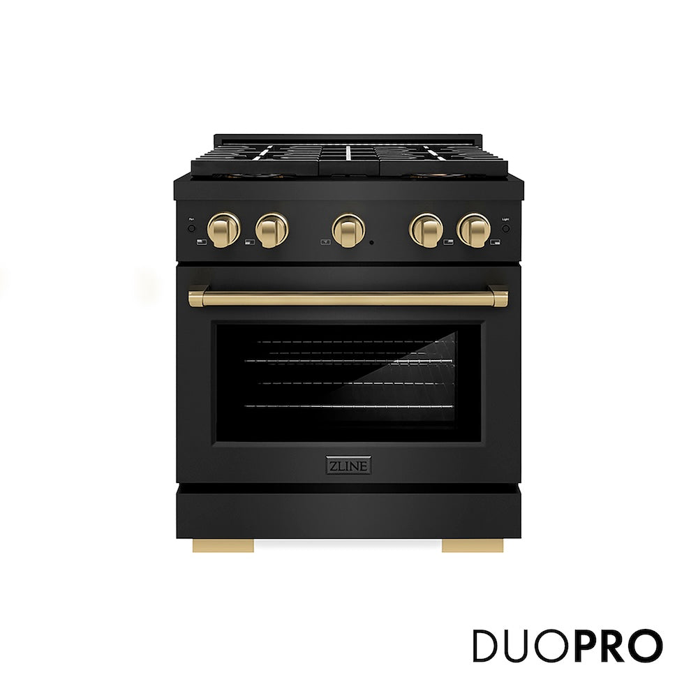 ZLINE Autograph Edition 30 in. 4.2 cu. ft. Paramount Dual Fuel Range with 4 Burner DuoPro™ Cooktop and Electric Convection Oven in Black Stainless Steel and Champagne Bronze Accents, Open Box-Good Condition