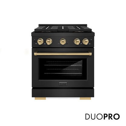 ZLINE Autograph Edition 30 in. 4.2 cu. ft. Paramount Dual Fuel Range with 4 Burner DuoPro™ Cooktop and Electric Convection Oven in Black Stainless Steel and Champagne Bronze Accents, Open Box-Good Condition