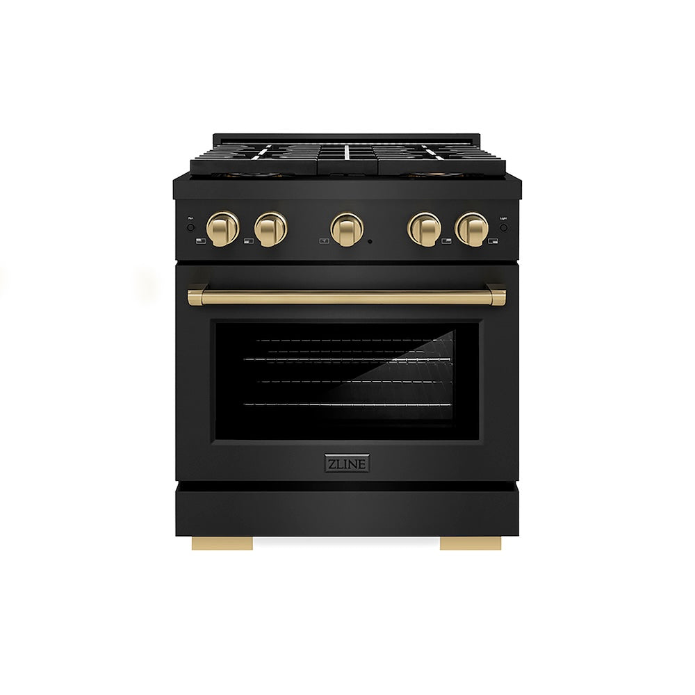 ZLINE Autograph Edition 30 in. 4.2 cu. ft. Paramount Dual Fuel Range with 4 Burner DuoPro™ Cooktop and Electric Convection Oven in Black Stainless Steel and Champagne Bronze Accents, Open Box-Good Condition