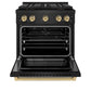 ZLINE Autograph Edition 30 in. 4.2 cu. ft. Paramount Dual Fuel Range with 4 Burner DuoPro™ Cooktop and Electric Convection Oven in Black Stainless Steel and Champagne Bronze Accents (PSDRBZ-30-CB) front, oven open.