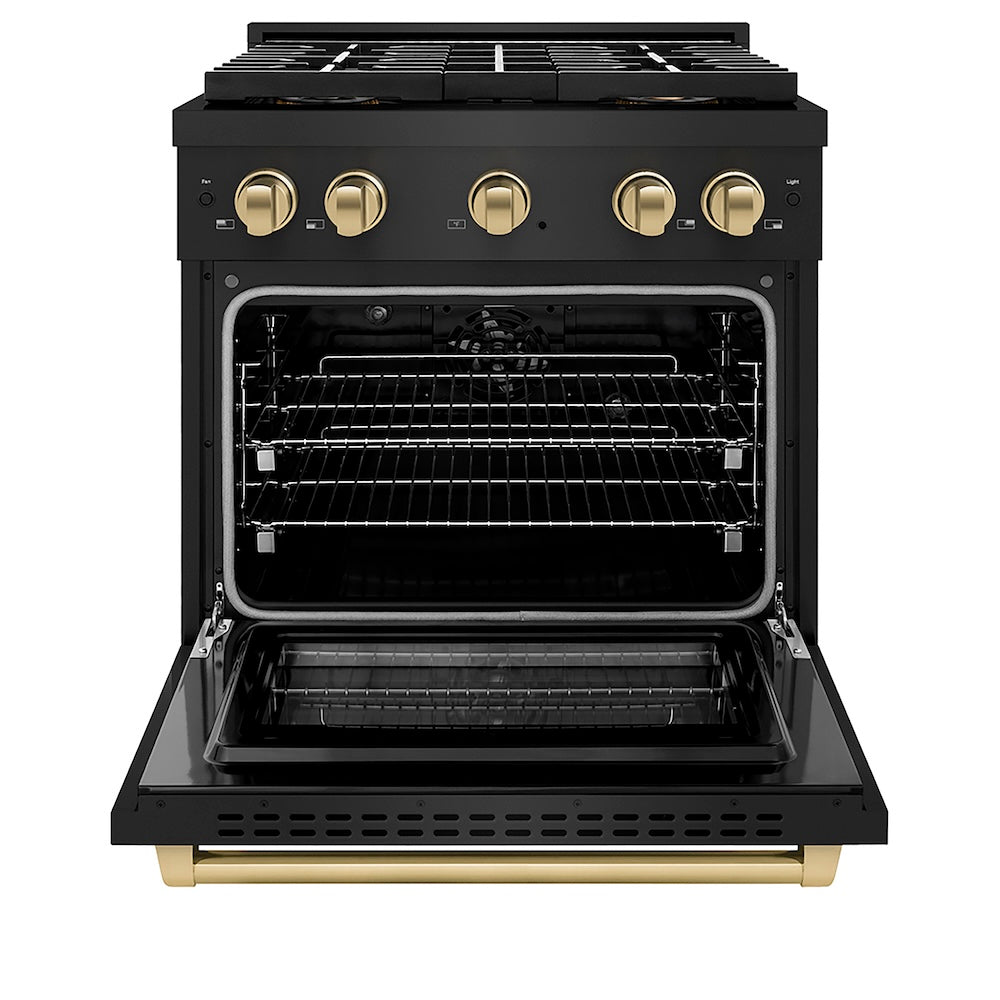 ZLINE Autograph Edition 30 in. 4.2 cu. ft. Paramount Dual Fuel Range with 4 Burner DuoPro™ Cooktop and Electric Convection Oven in Black Stainless Steel and Champagne Bronze Accents, Open Box-Good Condition