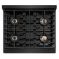 ZLINE Autograph Edition 30 in. 4.2 cu. ft. Paramount Dual Fuel Range with 4 Burner DuoPro™ Cooktop and Electric Convection Oven in Black Stainless Steel and Champagne Bronze Accents (PSDRBZ-30-CB) top-down, above cooktop.