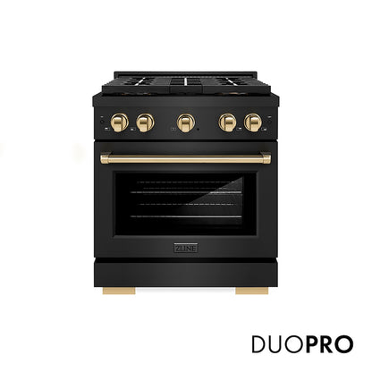 ZLINE Autograph Edition 30 in. 4.2 cu. ft. Paramount Dual Fuel Range with 4 Burner DuoPro™ Cooktop and Electric Convection Oven in Black Stainless Steel and Polished Gold Accents (PSDRBZ-30-G) front, with DuoPro™ logo.