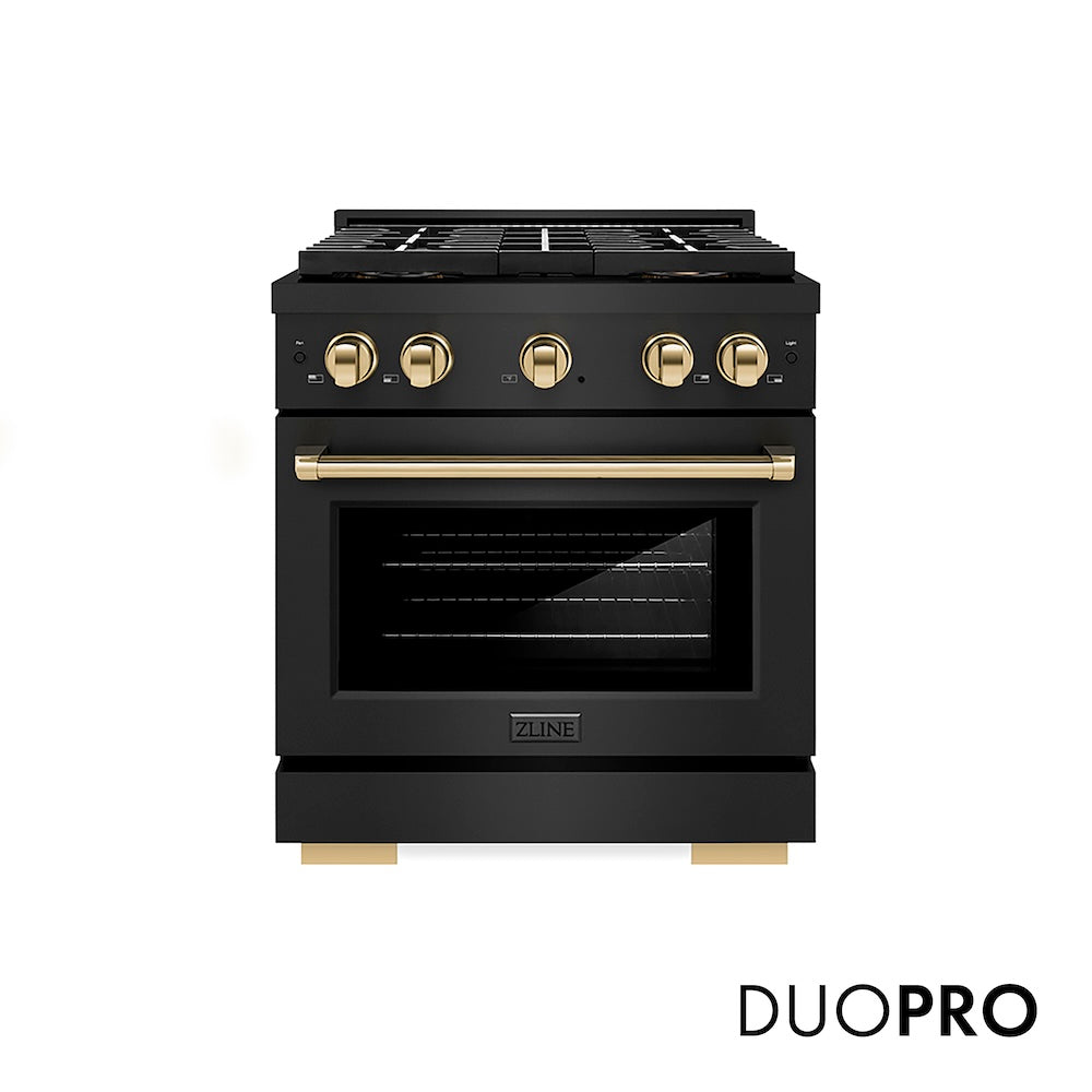 ZLINE Autograph Edition 30 in. 4.2 cu. ft. Paramount Dual Fuel Range with 4 Burner DuoPro™ Cooktop and Electric Convection Oven in Black Stainless Steel and Polished Gold Accents, Open Box-Good Condition