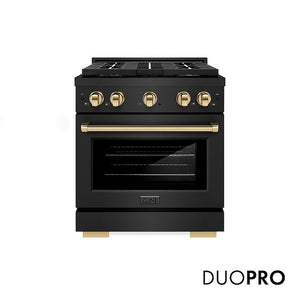 ZLINE Autograph Edition 30 in. 4.2 cu. ft. Paramount Dual Fuel Range with 4 Burner DuoPro™ Cooktop and Electric Convection Oven in Black Stainless Steel and Polished Gold Accents, Open Box-Good Condition main image.