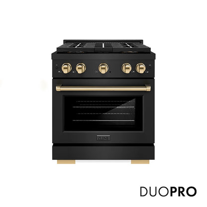 ZLINE Autograph Edition 30 in. 4.2 cu. ft. Paramount Dual Fuel Range with 4 Burner DuoPro™ Cooktop and Electric Convection Oven in Black Stainless Steel and Polished Gold Accents, Open Box-Good Condition
