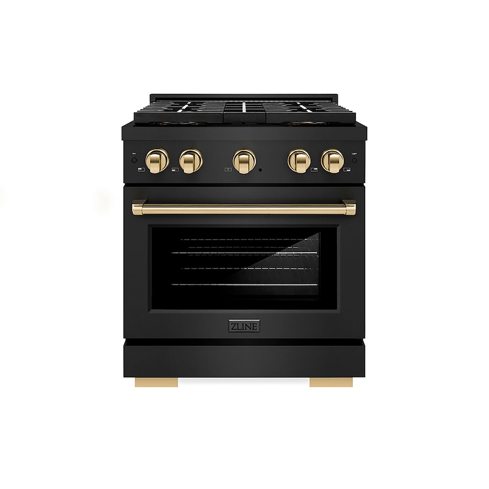 ZLINE Autograph Edition 30 in. 4.2 cu. ft. Paramount Dual Fuel Range with 4 Burner DuoPro™ Cooktop and Electric Convection Oven in Black Stainless Steel and Polished Gold Accents, Open Box-Good Condition