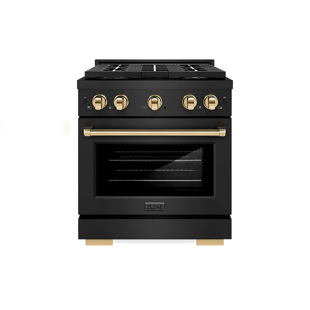 ZLINE Autograph Edition 30 in. 4.2 cu. ft. Paramount Dual Fuel Range with 4 Burner DuoPro™ Cooktop and Electric Convection Oven in Black Stainless Steel and Polished Gold Accents (PSDRBZ-30-G) front.
