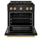 ZLINE Autograph Edition 30 in. 4.2 cu. ft. Paramount Dual Fuel Range with 4 Burner DuoPro™ Cooktop and Electric Convection Oven in Black Stainless Steel and Polished Gold Accents (PSDRBZ-30-G) front, oven open.