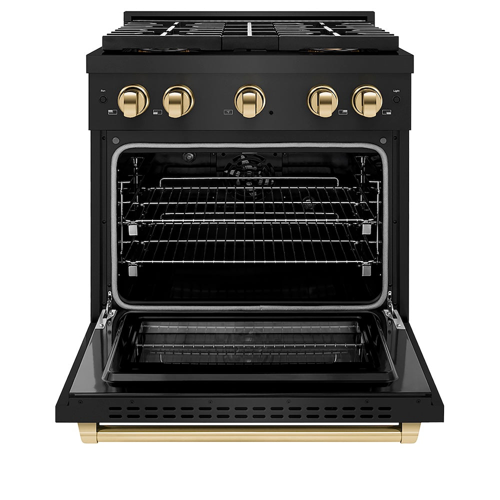 ZLINE Autograph Edition 30 in. 4.2 cu. ft. Paramount Dual Fuel Range with 4 Burner DuoPro™ Cooktop and Electric Convection Oven in Black Stainless Steel and Polished Gold Accents (PSDRBZ-30-G) front, oven open.