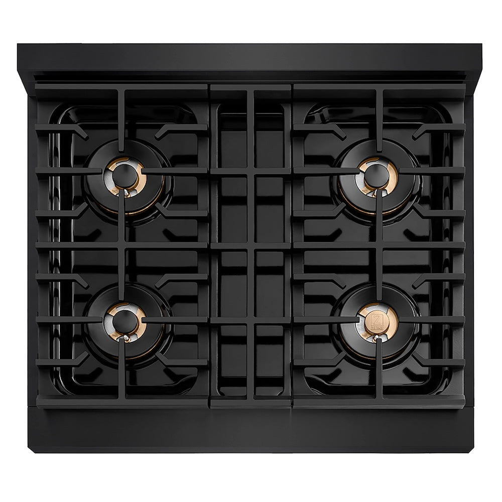 ZLINE Autograph Edition 30 in. 4.2 cu. ft. Paramount Dual Fuel Range with 4 Burner DuoPro™ Cooktop and Electric Convection Oven in Black Stainless Steel and Polished Gold Accents, Open Box-Good Condition