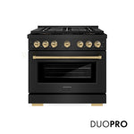 ZLINE Autograph Edition 36 in. 5.2 cu. ft. Paramount Dual Fuel Range with 6 Burner DuoPro™ Cooktop and Electric Convection Oven in Black Stainless Steel and Champagne Bronze Accents (PSDRBZ-36-CB) front, with DuoPro™ logo.