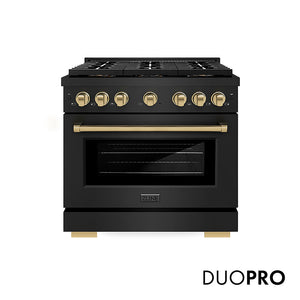 ZLINE Autograph Edition 36 in. 5.2 cu. ft. Paramount Dual Fuel Range with 6 Burner DuoPro™ Cooktop and Electric Convection Oven in Black Stainless Steel and Champagne Bronze Accents, Open Box-Great Condition main image.
