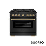 ZLINE Autograph Edition 36 in. 5.2 cu. ft. Paramount Dual Fuel Range with 6 Burner DuoPro™ Cooktop and Electric Convection Oven in Black Stainless Steel and Champagne Bronze Accents, Open Box-Good Condition