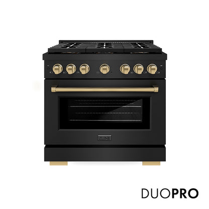 ZLINE Autograph Edition 36 in. 5.2 cu. ft. Paramount Dual Fuel Range with 6 Burner DuoPro™ Cooktop and Electric Convection Oven in Black Stainless Steel and Champagne Bronze Accents, Open Box-Good Condition